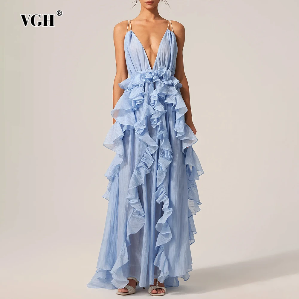 

VGH сексуальные прозрачные длинные платья для женщин с глубоким v-образным вырезом без рукавов и высокой талией, нерегулярные оборки, темпераментное вечернее платье, женское