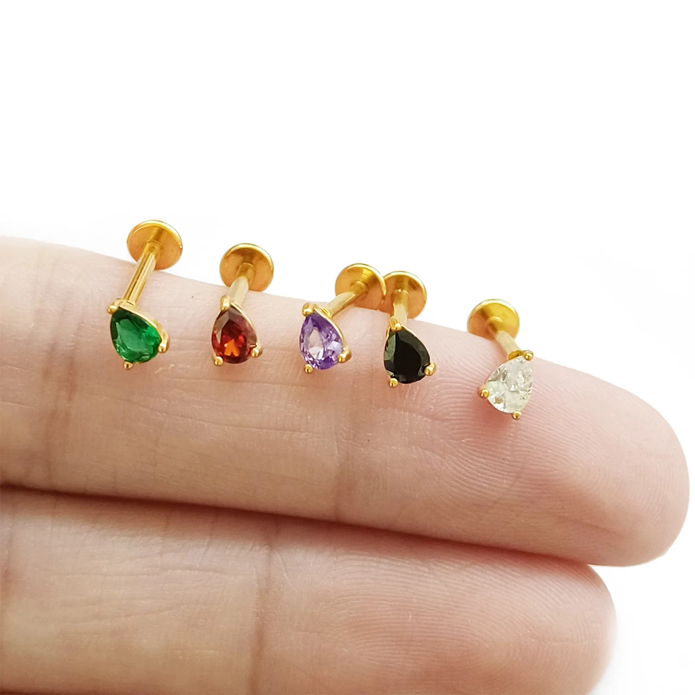 Water Drop Cubic Zirconia Labret 100%316L Surgical Steel Internal Threaded Cartilage Tragus Helix Piercing Flat Back Earrings
