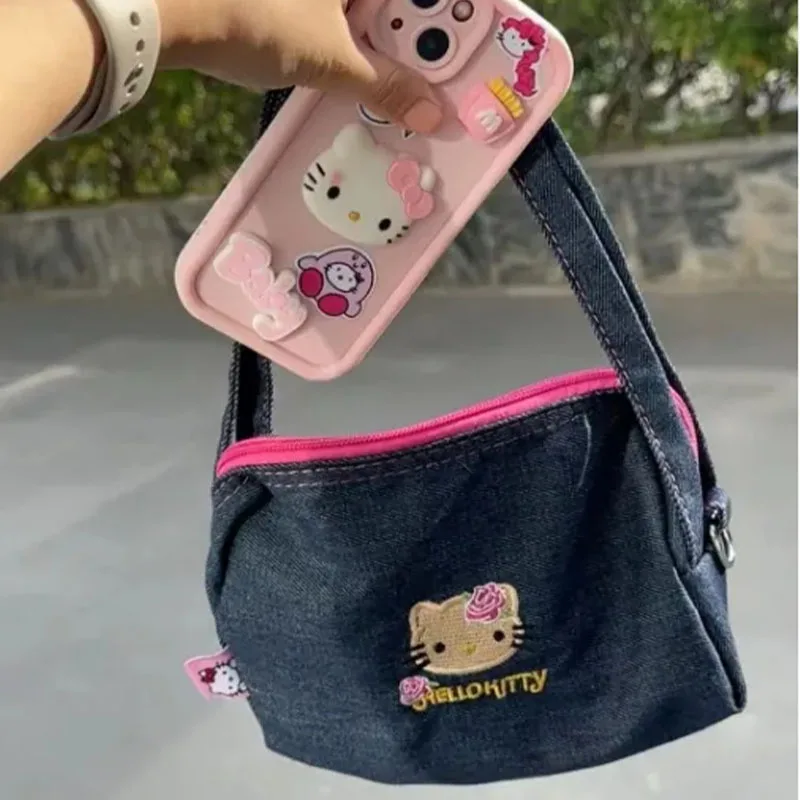 New Kawaii Cute Sanrio Hellokitty Denim Bag Cartoon Embroidered Handbag Crossbody Bags Portable Small Bag Girl Birthday Gift