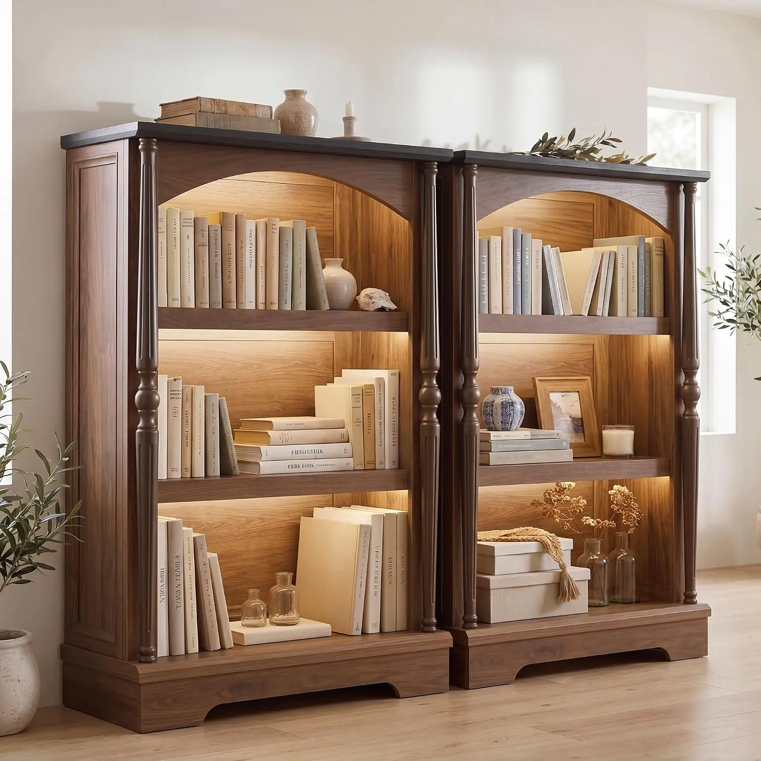 3-Tier Arched Bookcase with LED Lights Set of 2, Farmhouse Bookshelf with Solid Wood Classical Columns, Wooden Open, Customized