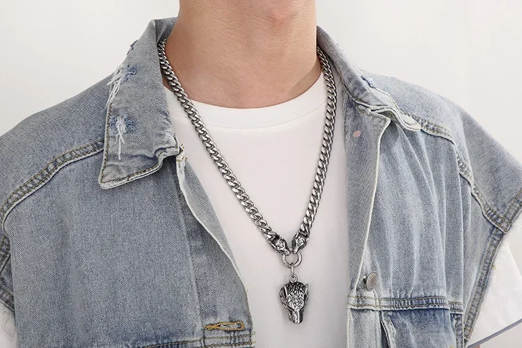 Punk Men's Personality Stainless Steel Wolf Head Necklace Chain With Circular Ring Buckle