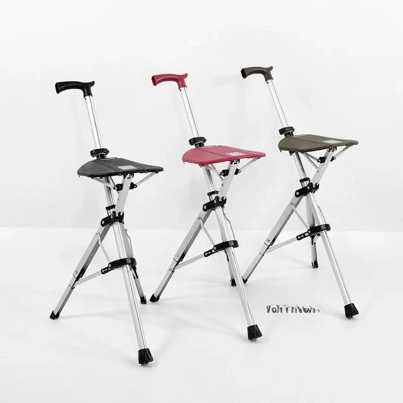 Elderly Crutch Stool with Seat Board Walking Stick Chair Adjustable Lightweight Retractable Multifunctional Tripod Walking Stick