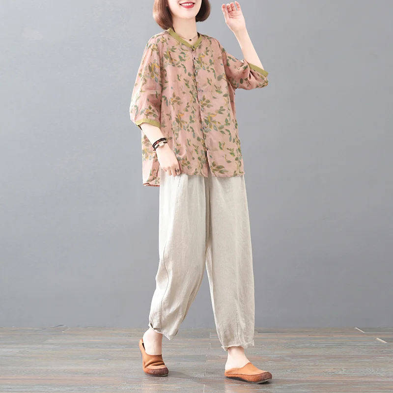 

Korean Style plus Size Women's Spring Summer New Slimming Top Casual Pants Two Piece Set Cotton Linen Print Outfit