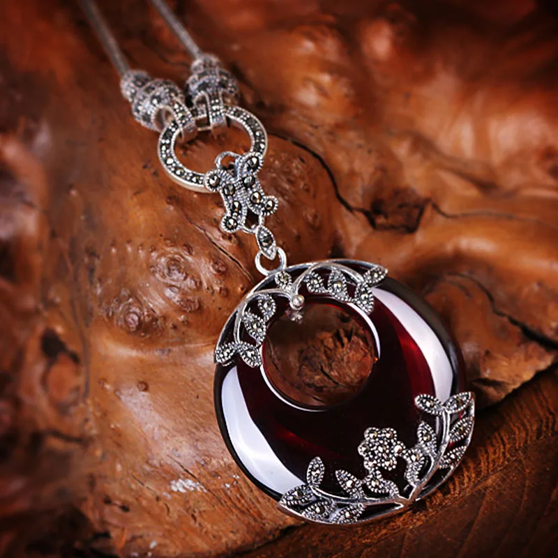 

High Quality Bohemian Retro 925 Sterling Silver necklace Female Jewelry Natural Stones Garnet Circle Round Shape Girls Gift