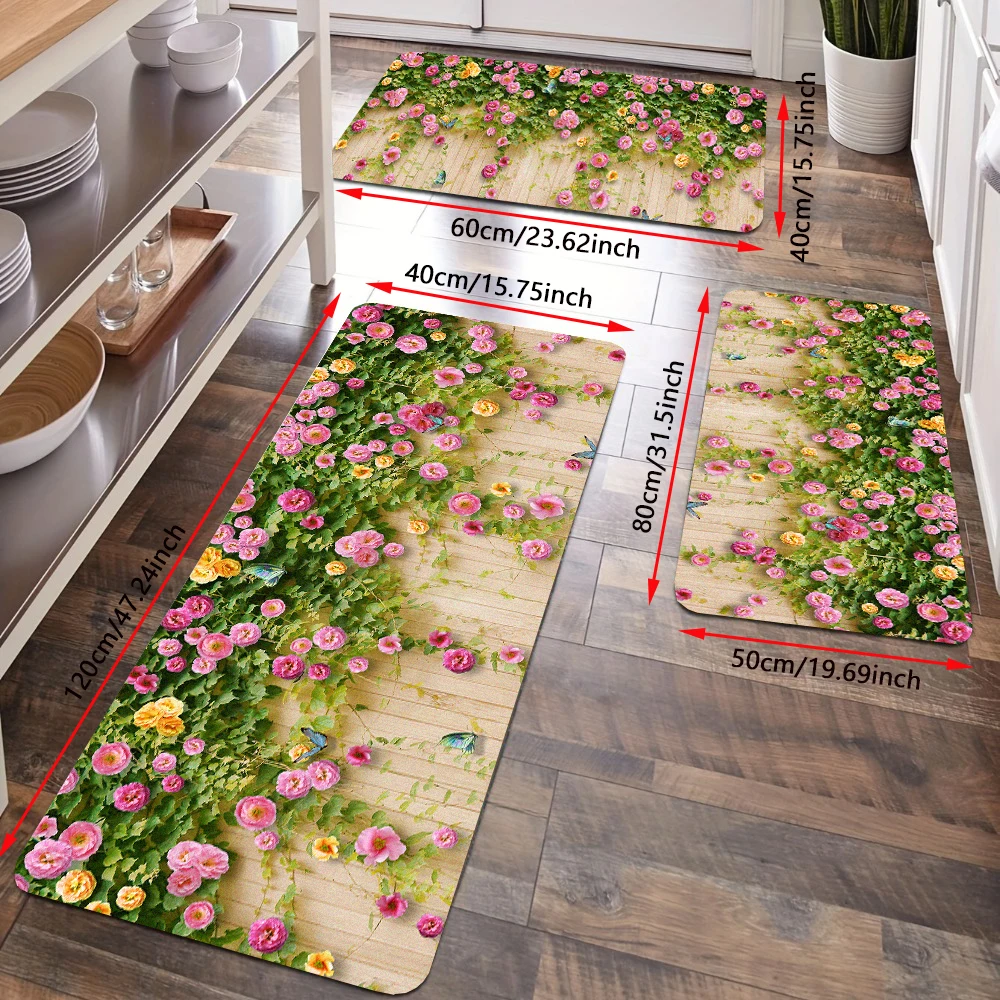 3Pc Garden Floral Green Vine Kitchen Floor Rug Set Plant Leaves Butterfly Home Entrance Doormat Flannel Non-Slip Bath Mat Carpet