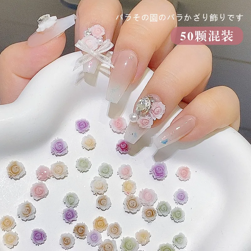 TSZS-3D Resina Rose Rhinestone Nail Art Charms, Decoração de unhas, Acessório Jóias DIY, Mix, Rosa, Roxo, Verde, 50pcs