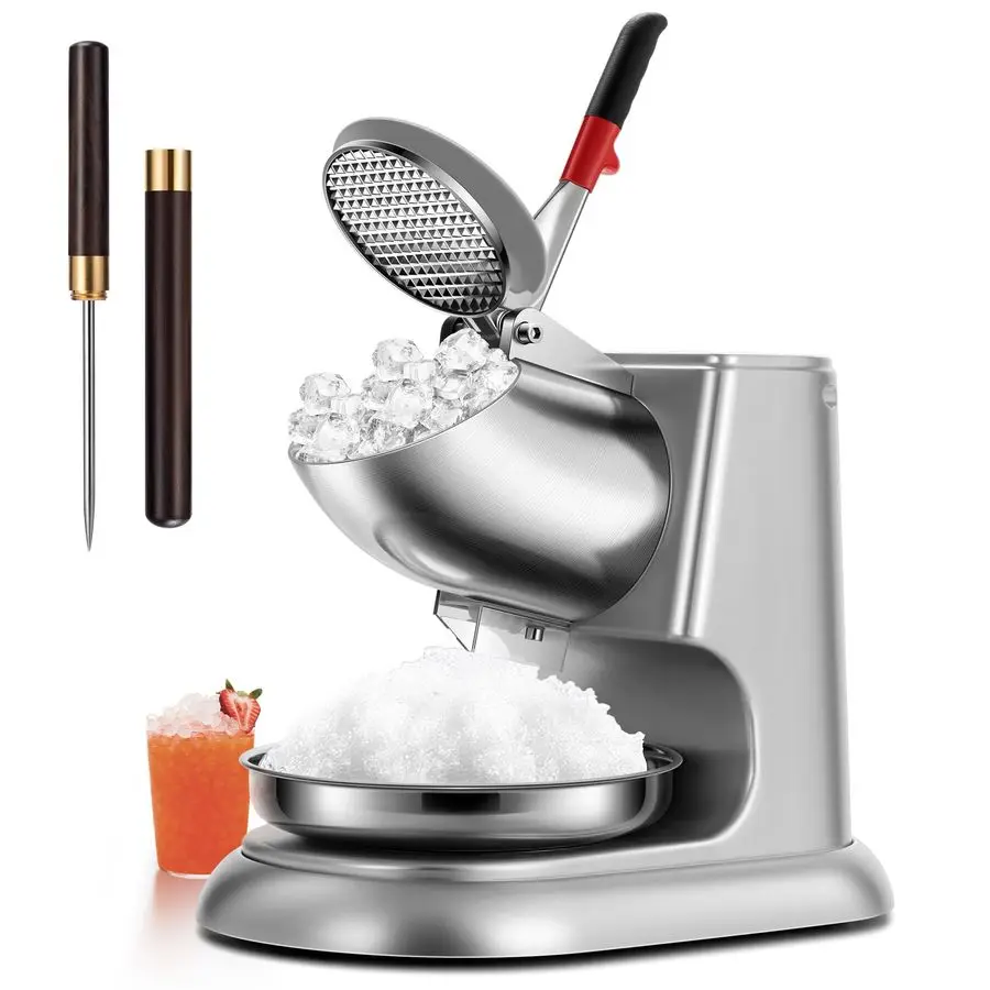 

11 Inch Height Dual Blades Ice Crusher Shaver 300W 2000 rpm Snow Cone Maker Machine Silver Electric with Ice Pick for Home and C