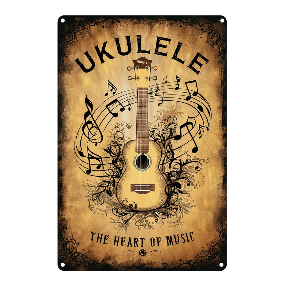 Raumdekoration, Vintage-Ukulele-Metallblechschild, Aluminium-Wandkunstdekoration, Motiv „Das Herz der Musik“, für Schlafzimmer, Küche, Spielzimmer