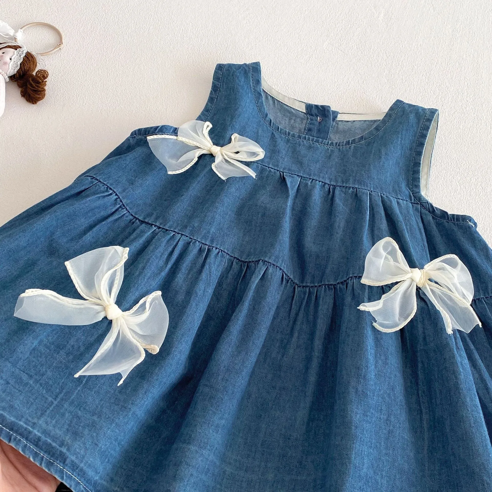 Q2781 Korean Style Summer Cute Denim Skirt for Girls Solid Color Wide Hem Butterfly Knot Vest Skirt Children's Clothing