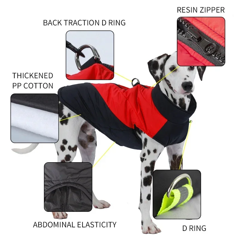 Large Size Dog Jacket Waterproof Winter Dog Thicken Clothes Warm Puppy Coat with D-Ring High Collar Pet Clothing Dogs Vest S-5XL