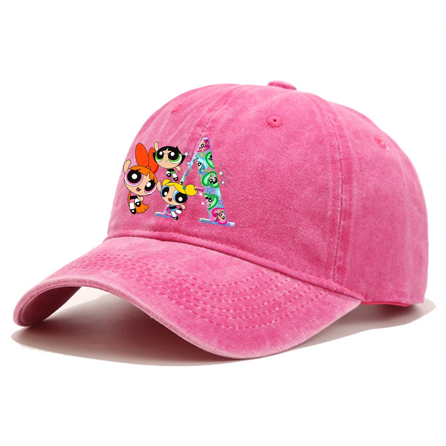 The Powerpuffs Girls Baseball Cap Adult A-Z Letter Washed Denim Sun Hat Cap Cartoon Outdoor Sport Sunbonnet Retro Headgear Gift view 2