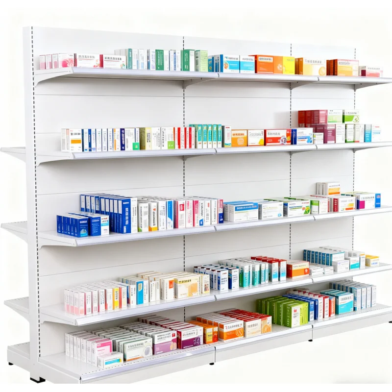 custom.Modern White Metal Supermarket Pharmacy Double Sided Medicine Display Rack 70kg/layer Load Capacity Powder Coated Dru