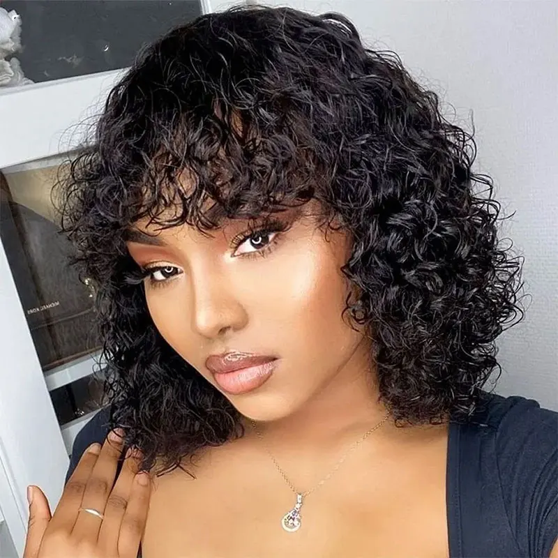 Water Wave Human Hair Wigs with Bang Machine Made Bob Wig Brazilian Curly Fringe Wigs for Women Perruque Cheveux Humain