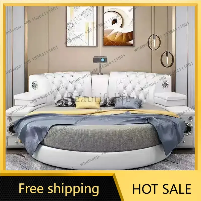 LJY Designs White Double Bed Queen Normal European King Size Lit Luxe Double Bed Japanese Circle Camas De Dormitorio Furniture H