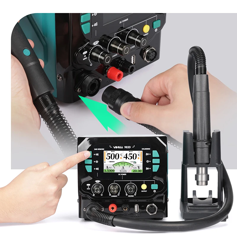 

YIHUA 983D 3-in-1 1300W Soldering Station Hot Air Rework + DC Power Supply LCD Digital Station
