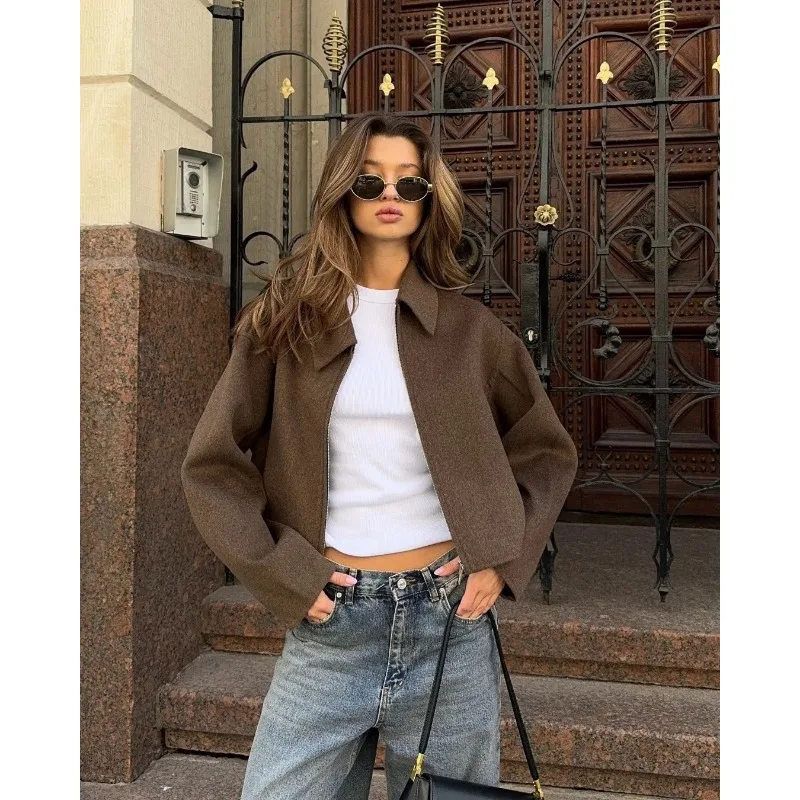 

Trendy Women's Retro Brown Jacket - Cropped Long Sleeve Zip Front Ribbed Cuffs Soft Fabric 2025 Hot Sale Sweet Cool Vibe Casual