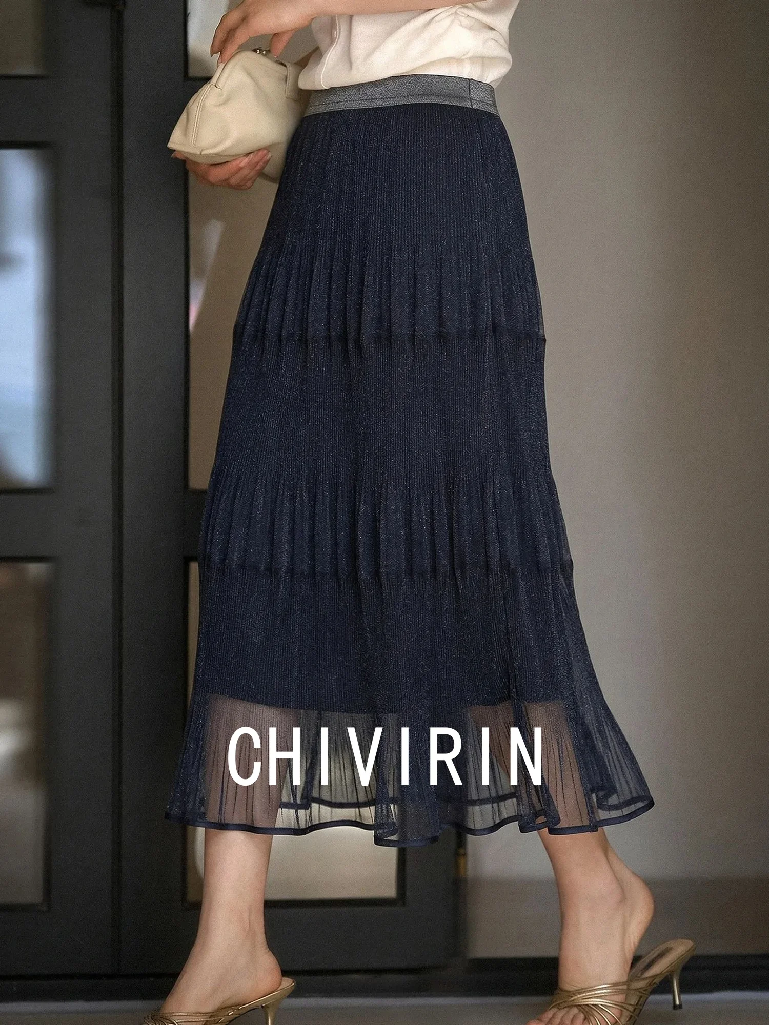 

Chivirin Simple Fashion High Waist Cake Skirt Mesh Splicing Slimming Midi Skirt for Women Summer Polyester Fiber Straight Cut