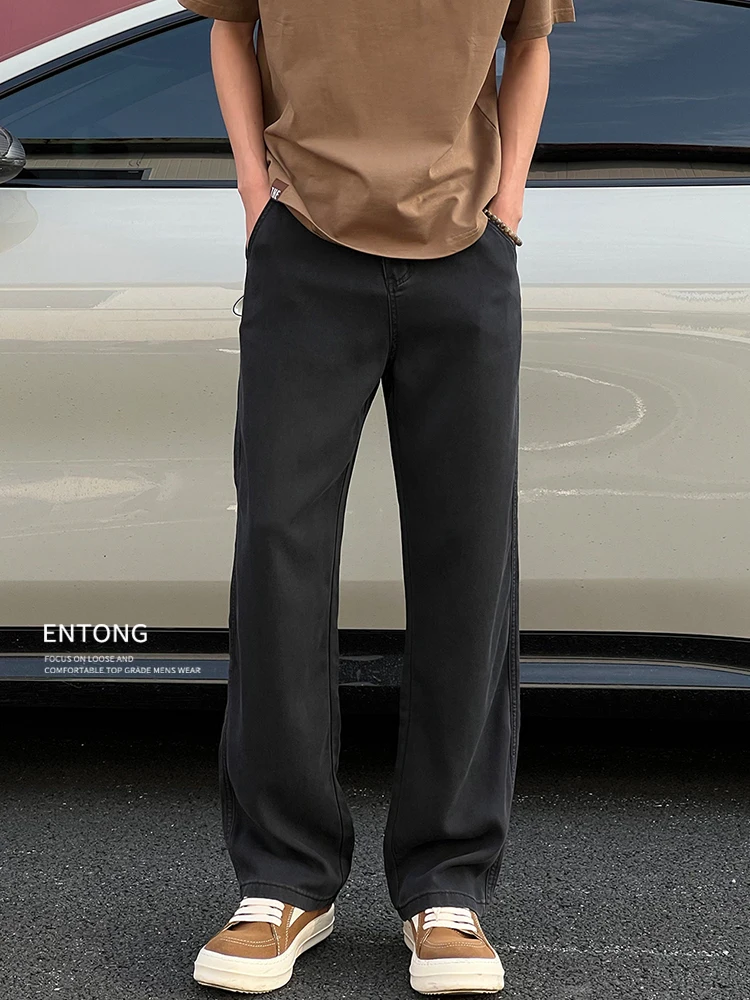 

Entong Men's Bla Loose Straight Leg Thin Denim Jeans Retro American Sle mid Waist Zipper Fly Casual Straight Tube Trousers