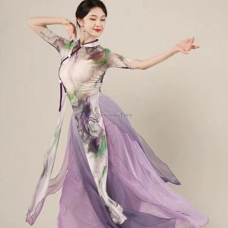 2024 new adult classical dance practice dress chinese cheongsam female dance dress elegant flowing gauze performance dress w774