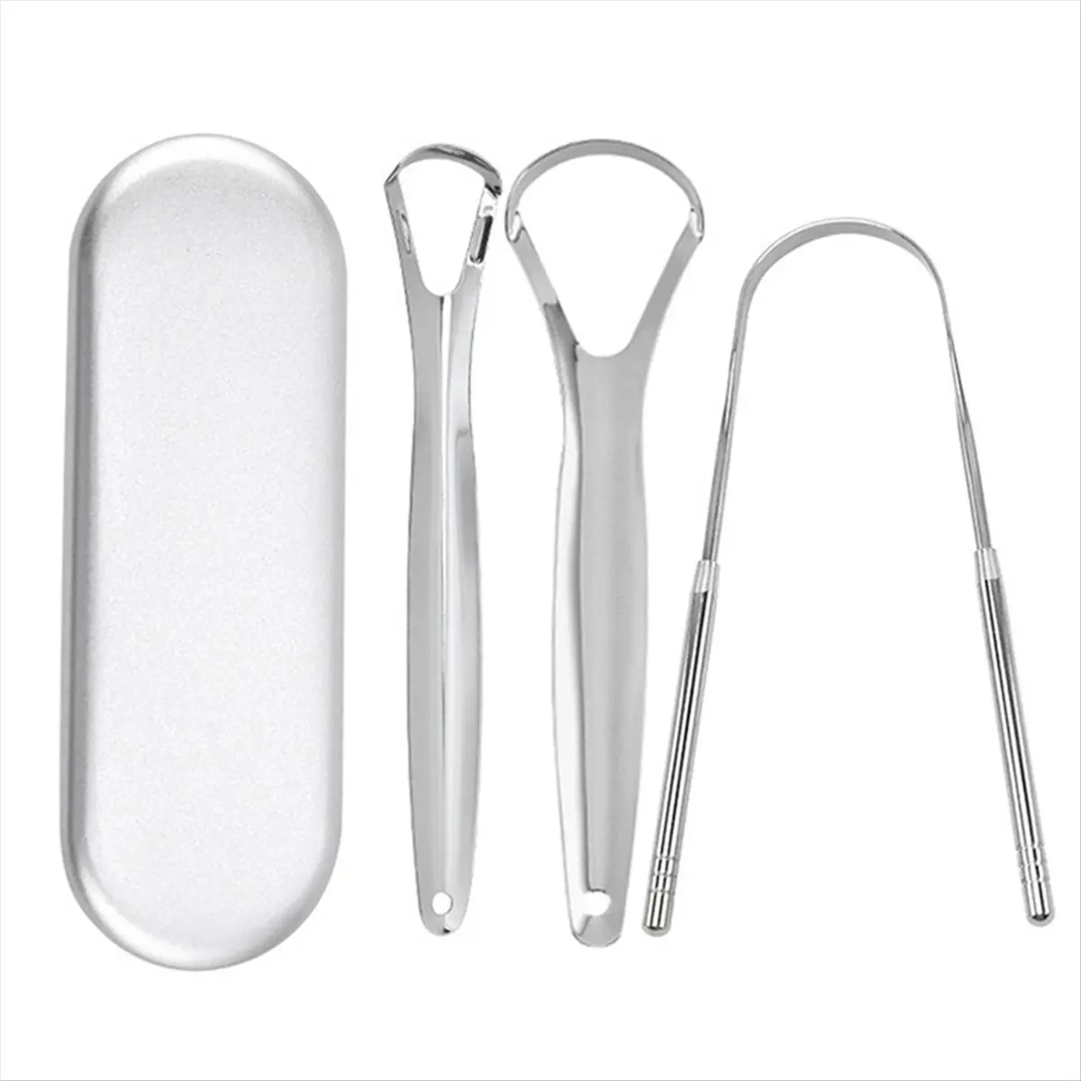 N14R Top Stainless Steel Tongue Scraper Cleaner Travel Portable Case Breath Cleaner Oral Scraper Cleaning Tool Silver