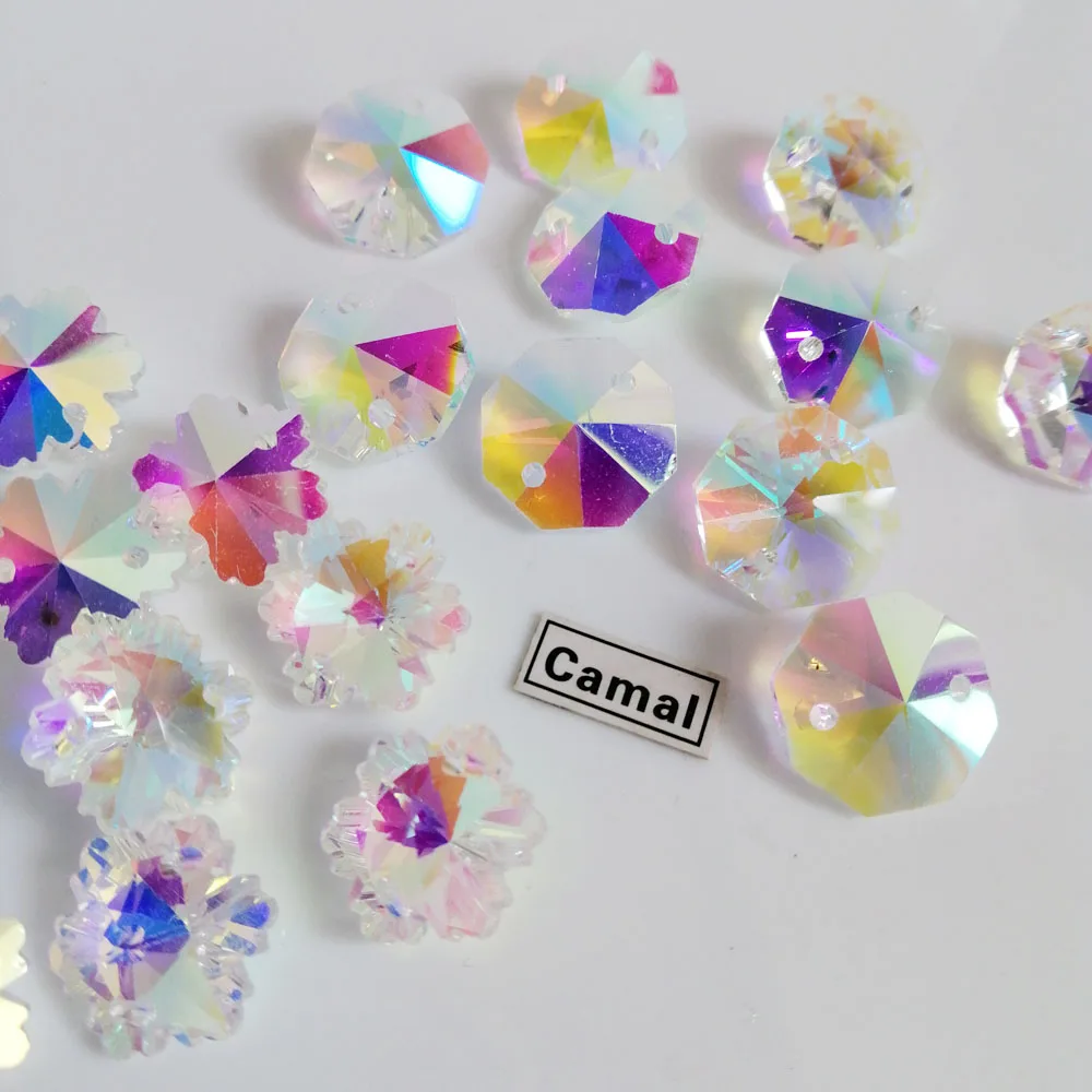 Camal 20pcs AB Color Crystal 14mm Octagonal / Snowflake Loose Beads 2 Holes Chandelier Lamp Lighting Part Curtain Accessories