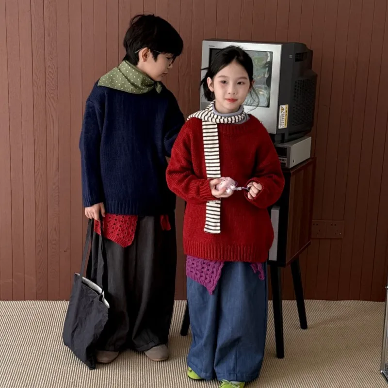

Korean Winter Kids Girls Sweater Round Collar Children Girls Solid Pullovers Loose Casual Velvet Toddler Babys Girls Knitwear