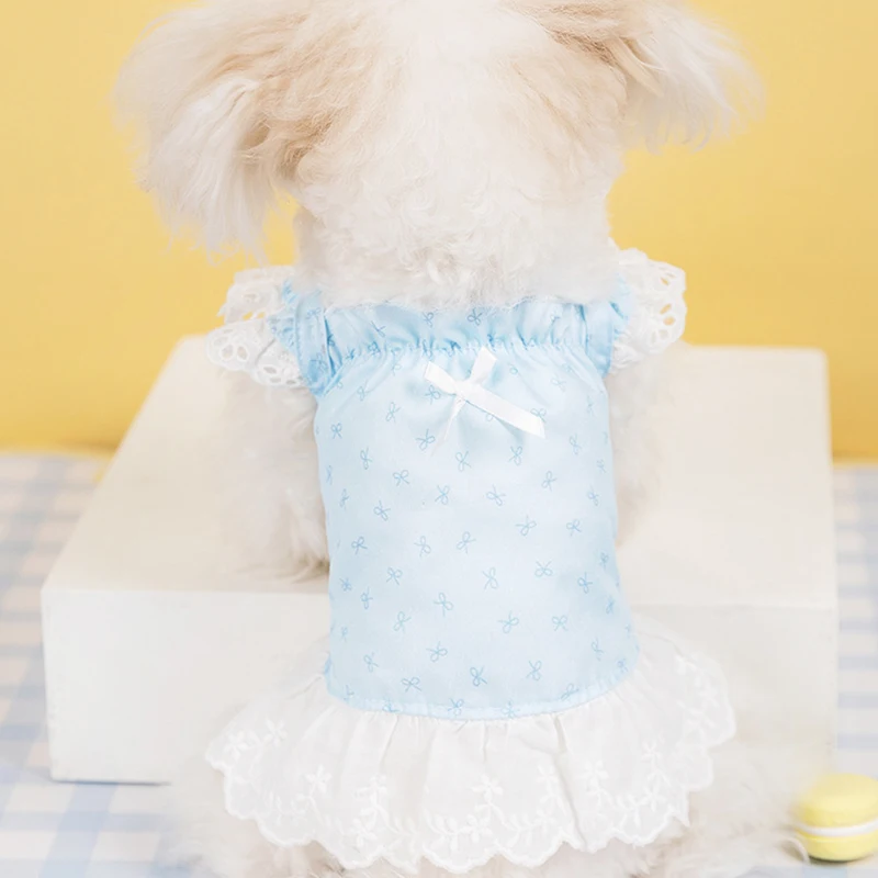 Cute Pet Clothes Bow Print Dog Dress Lace Dog Princess Costume Chihuahua T Shirt Bichon Accessories Girls Puppy Vest Cat Skirt