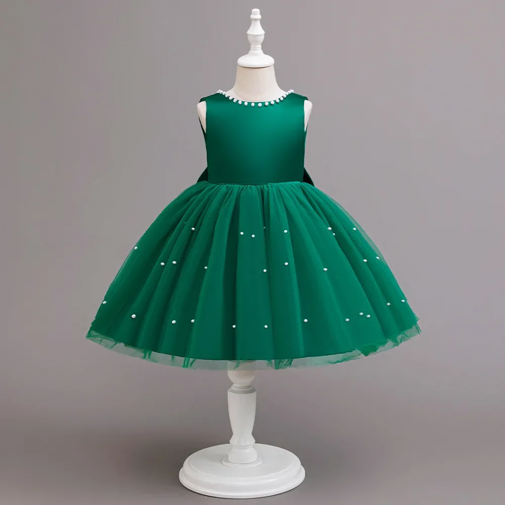 Elegant Christmas Girls Party Dress Pearls V-back Carnival Costume Tulle Birthday Princess Prom Gown for Kids Wedding 2-10Y
