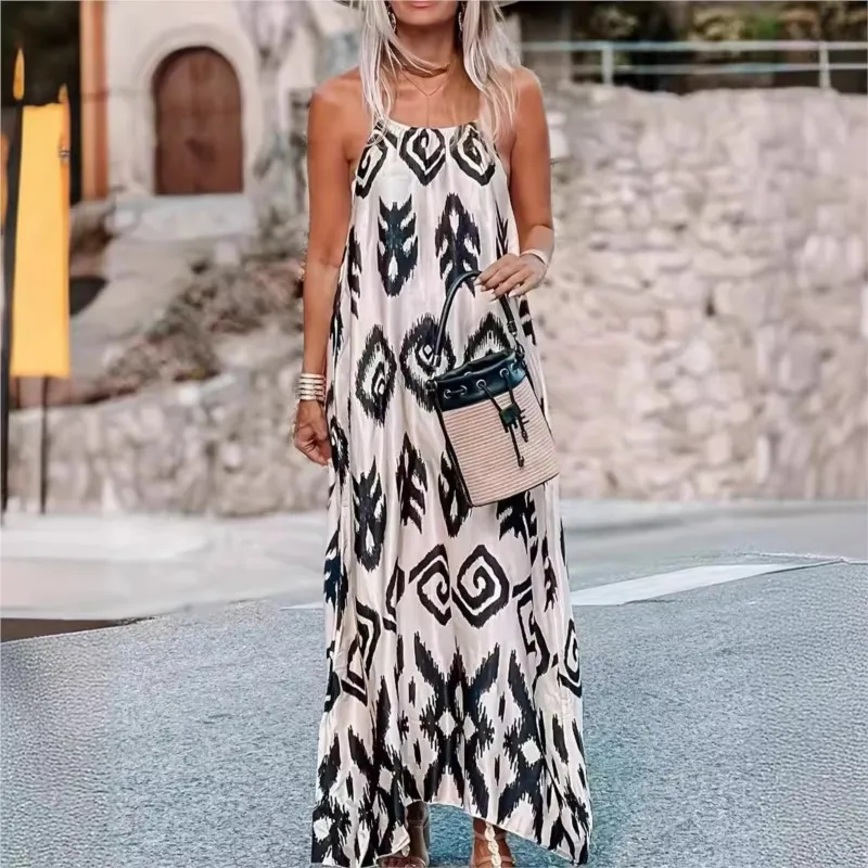 

Summer Women's Long Dress 2024 New Spaghetti Straps Sleeveless Backless Printed Loose Party Dress Robe Femme