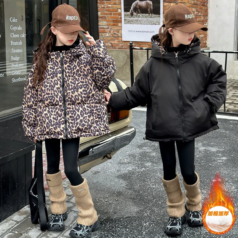 4-14Y Girls Fashion Leopard Print Jackets for Children Coats Oversized Jackets Winter Warm Two Side Wearing Hooded Coat for Kids