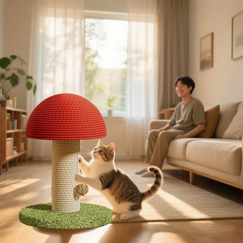 Red Mushroom-Shaped Cat Scratching Post with Sisal Scratching Pad, Mini Pet Villa & Green Pom-Pom Base