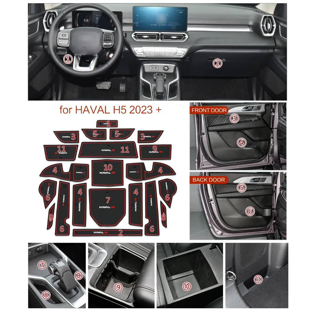 SMABEE Anti-slip Gate Slot Mat for HAVAL H5 2023 Door Groove Cup Pad Car Interior Accessories Rubber Coaster 21Pcs/Set