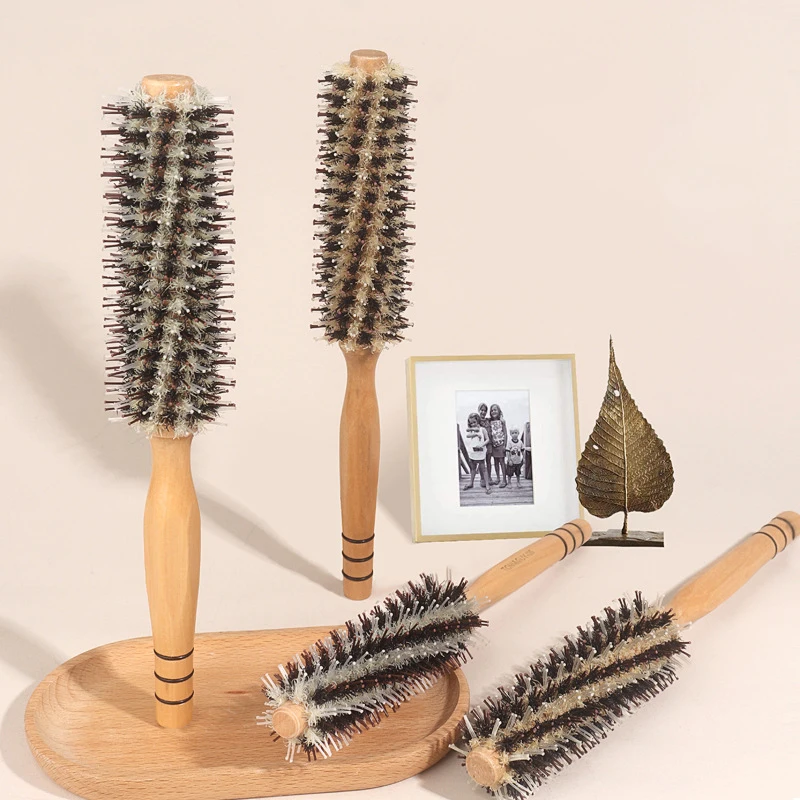 Natural Boar Bristle Roller Brush Barber Hair Roller Wood Hair Brush Round Barrel Hair Comb For Women Curly Hair Hairdressing