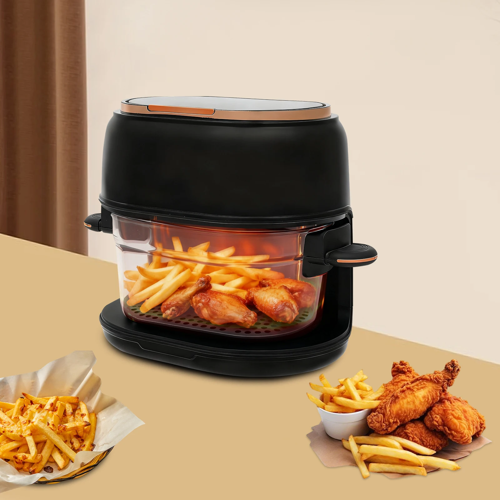 

Black 900W Adjustable Air Fryer Assembly Visible Baking Basket Air Fryer Home Restaurants Schools Cafeterias