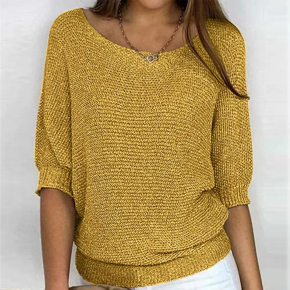 Women's Solid Color Round Neck Commuting Elegant Seven Quarter Sleeve Knitted Top 2024