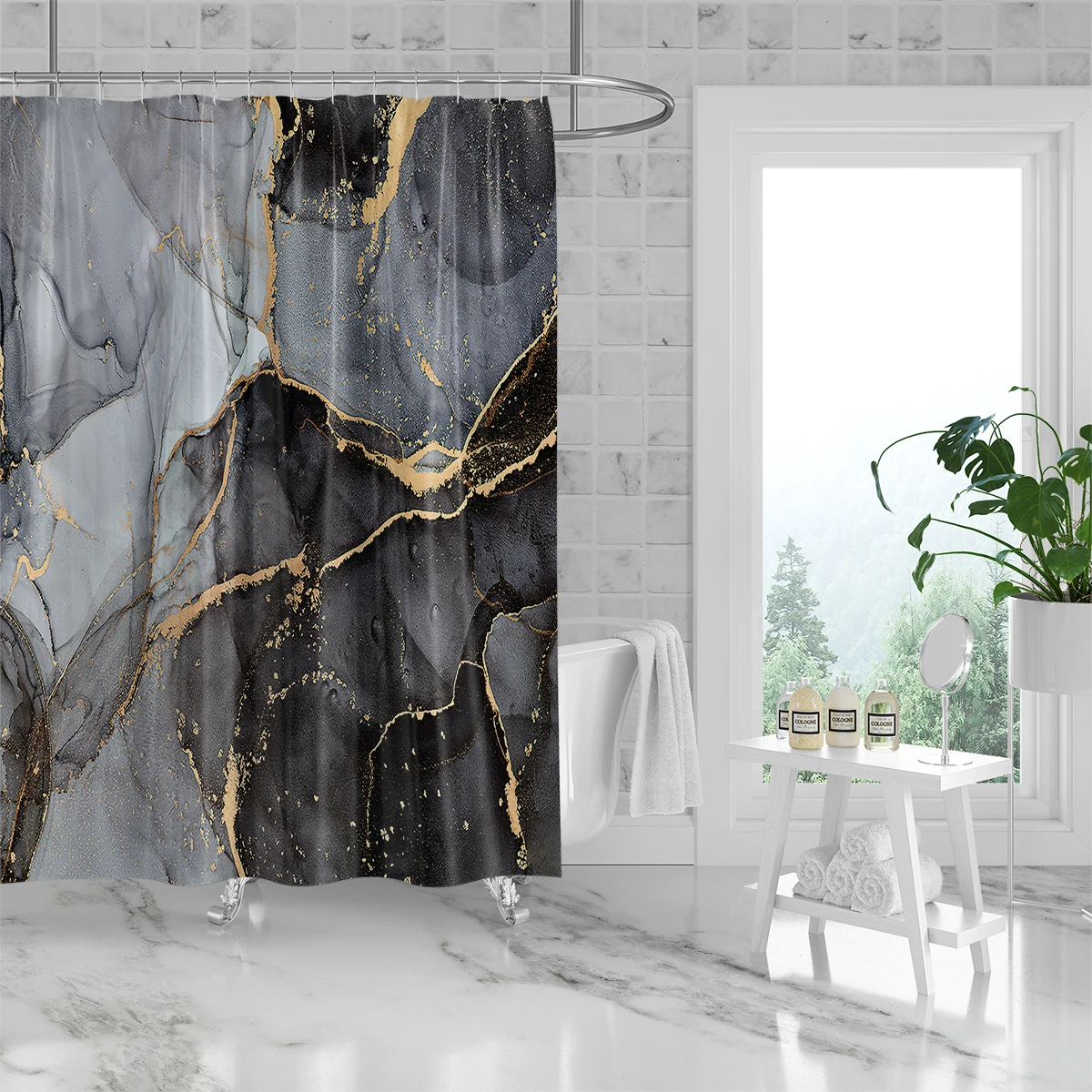 1 piece of 180x180cm black marble pattern digital printing shower curtain partition bathroom waterproof and mold resistant