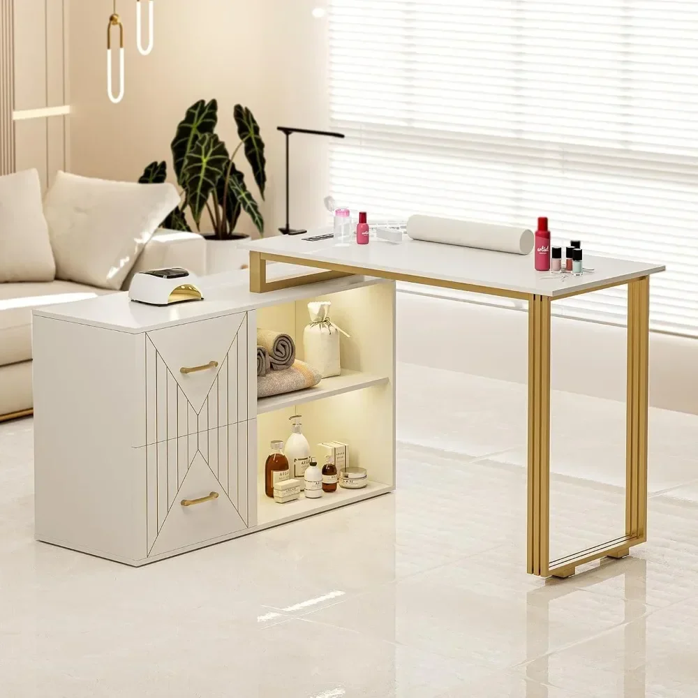 Corner Nail Desk with 2 Drawers and 2 Shelves, Beauty Salon Nail Supplies Decor Station with 16 Colors LED Lights