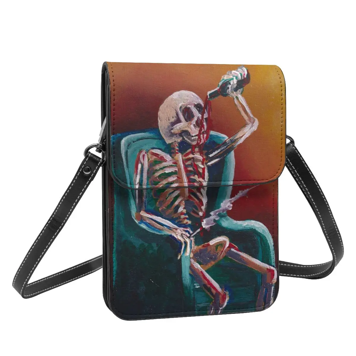 Funny Skeleton Shoulder Bag Skulls BBQ Impressionist Funny Leather Office Mobile Phone Bag Student Fashion Bags