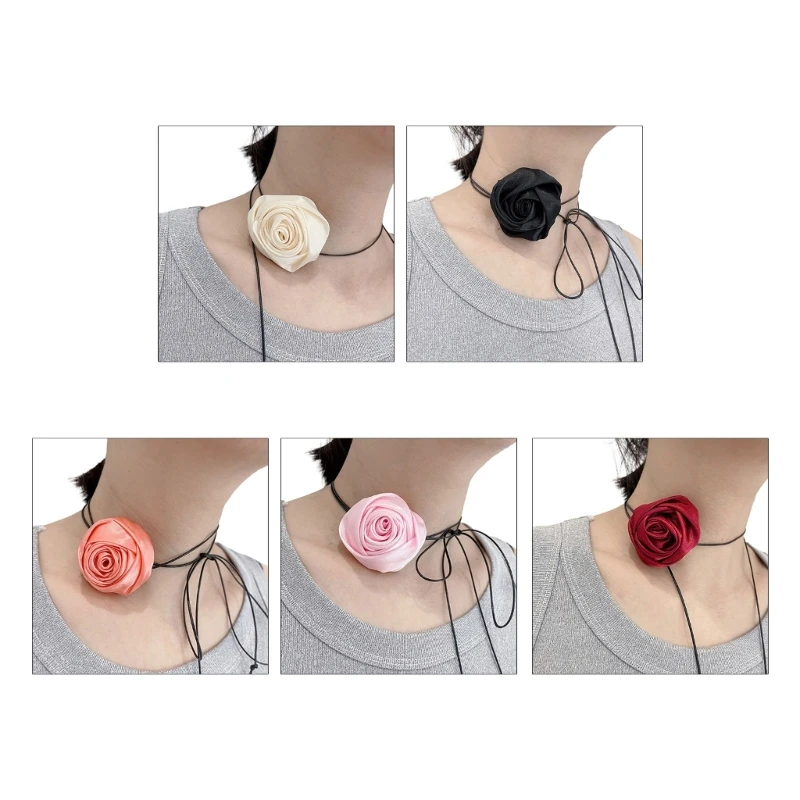 ZB91 Vintag Silk Rose Flower Choker Necklace Jewelry Women Clavicle Chain Necklace Temperament Long Lace-up Neck Chain