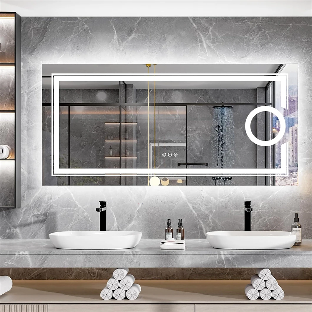 LED Magnifying Wall Vanity Mirror Large Bathroom Mirror with Demisting, Smart Touch Backlit & Front, Memory Light Dimmable