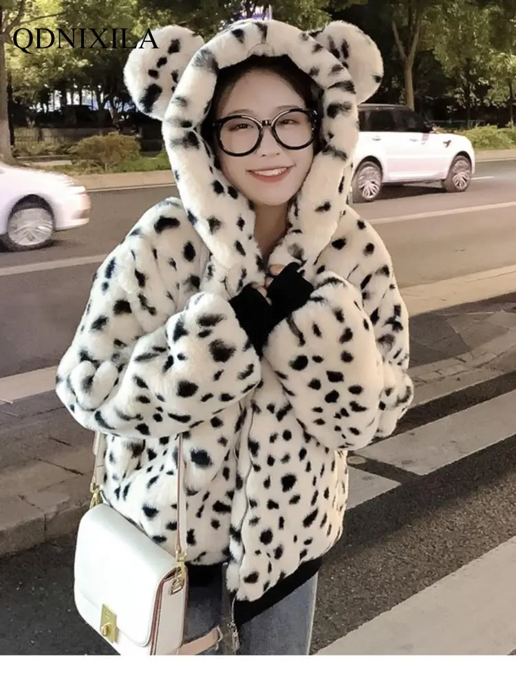 Faux Fur Coat Winter Coat for Women Imitation Rabbit Fur Leopard Pattern Spot Hooded Thickened Bear Ears Cute Jackets Top Women