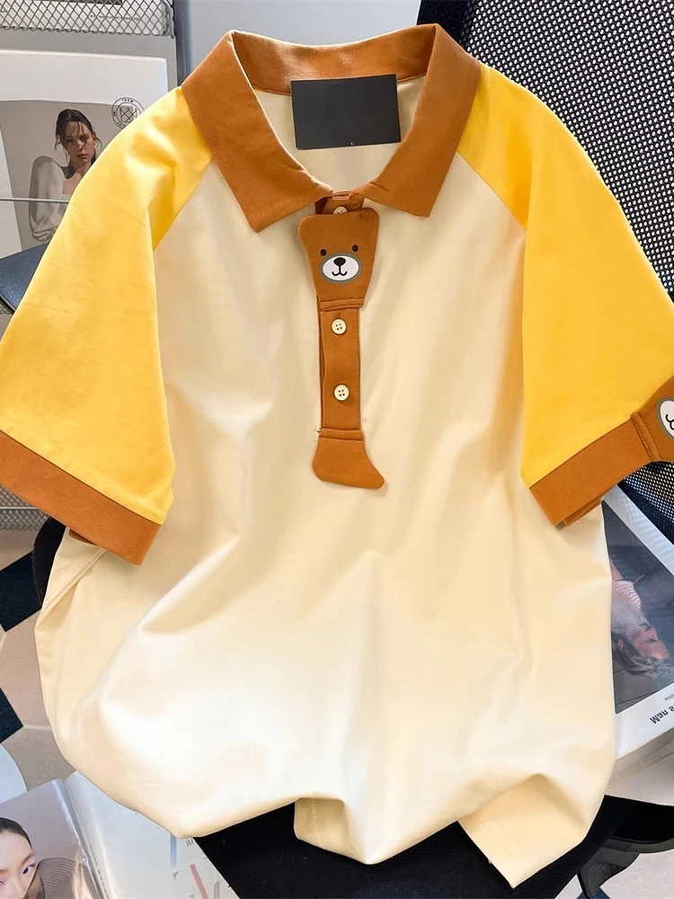 

Japanese Cute T Shirts Turn Down Collar Contrast Color Cartoon Patchwork Tops Summer All Match Casual Loose 2025 Women Clothing