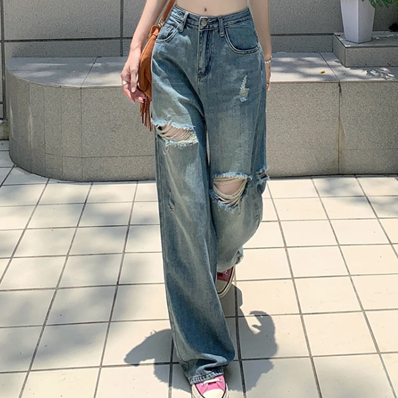 American Retro Ripped Jeans For Women Summer Hight Waisted Loose Straight Leg Trousers 2024 New Solid Wide Leg Floor Pants