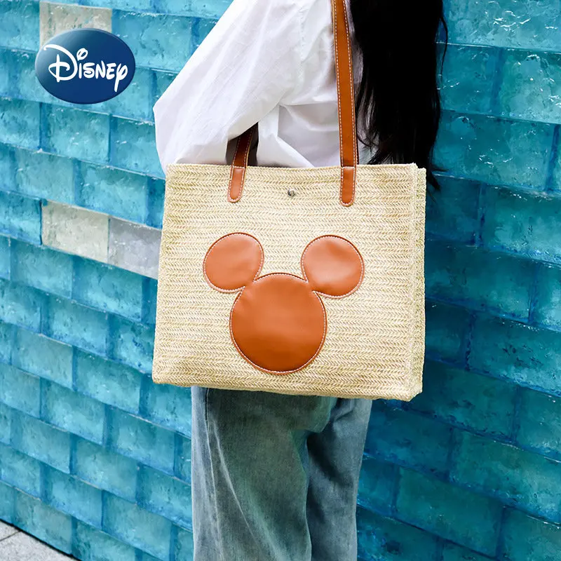 Disney Mickey Original New Woven Bag Luxury Brand Women's Handbag Cartoon Cute Women's Shoulder Bag Fashion Large Capacity