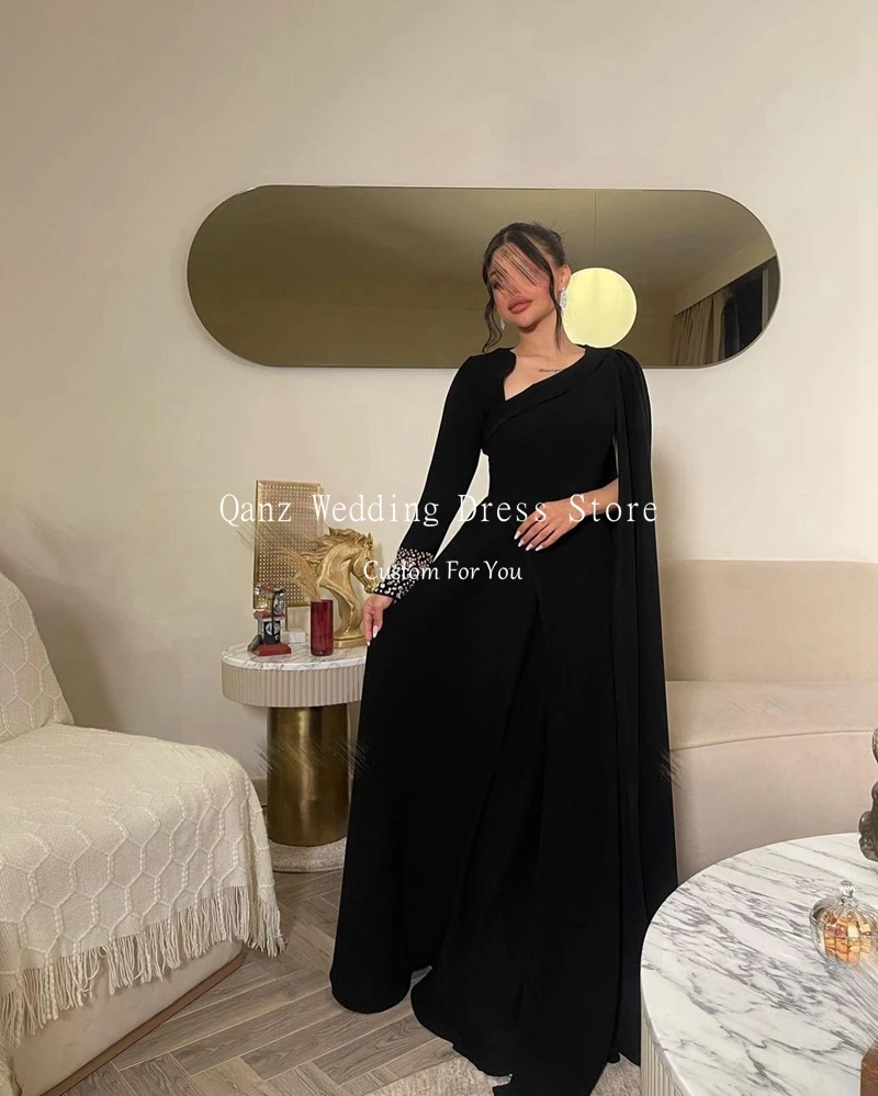 Qanz Elegant Black Mermaid Prom Dresses Long Sleeves Crystals Cape Robe Evening Dresses Beaded Prom Party Dresses Customized