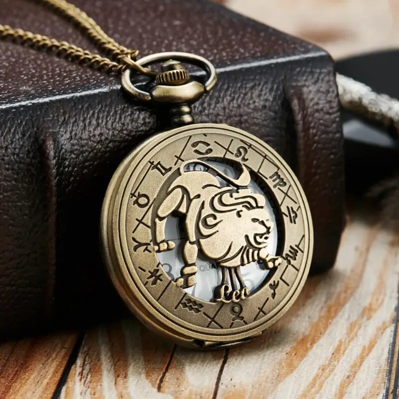 12 Constellation Retro Pocket Watch Men Women Animal Fob Watches Pisces Leo Scorpio Taurus Gemini Sagittarius Necklace Clock