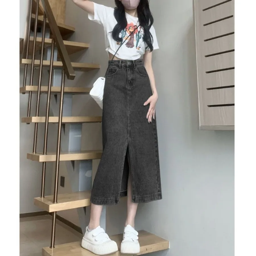 

【HOT】Spring clothes new style high waist slimming medium and long package hip skirt a-line split denim skirt women's high-end
