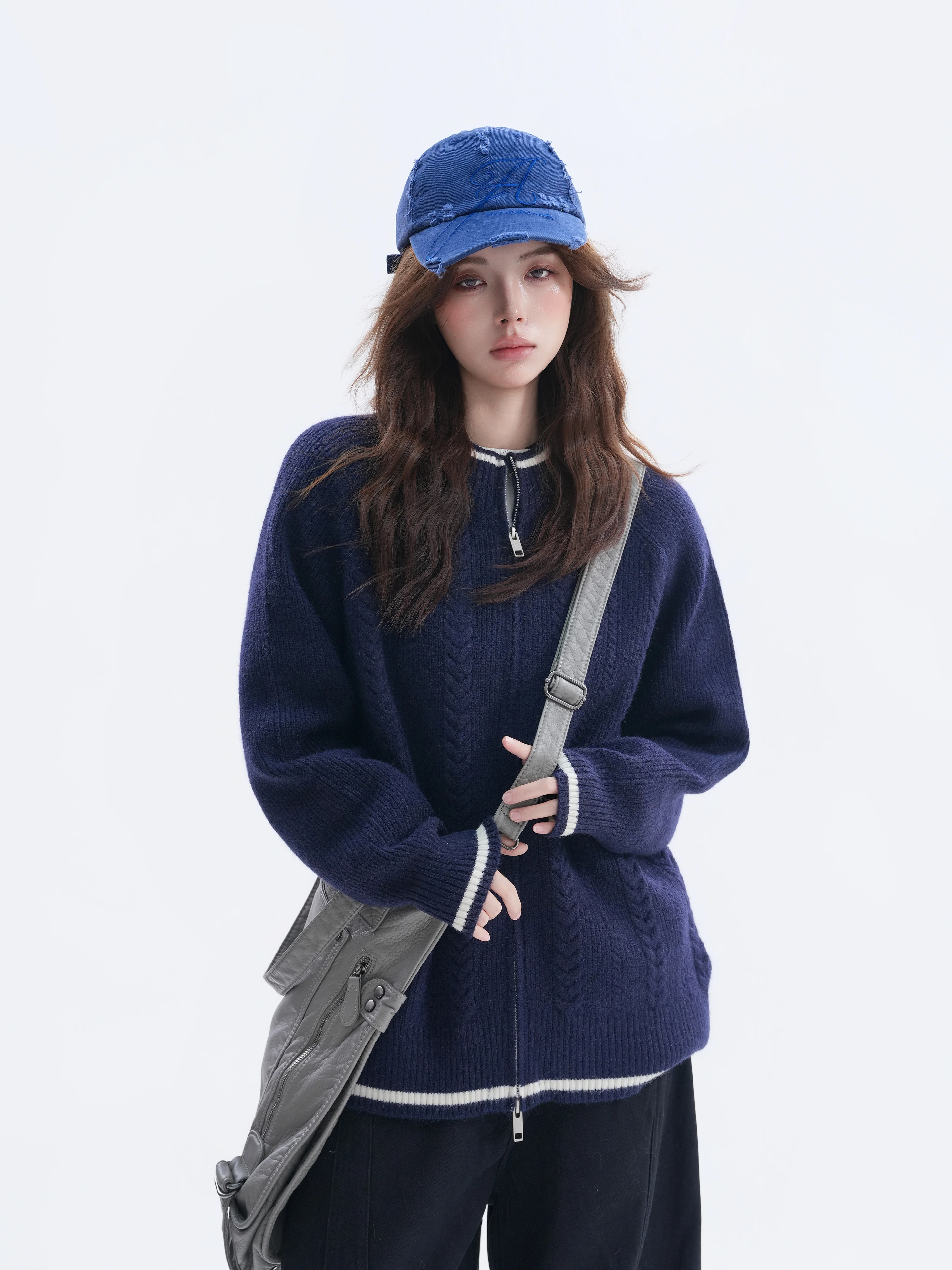 Fall Vintage High Intelligence Sensation Semi-Zipper Stand Collar Sweater Neutral Twist Knitted Top Women's Casual Loose Fit