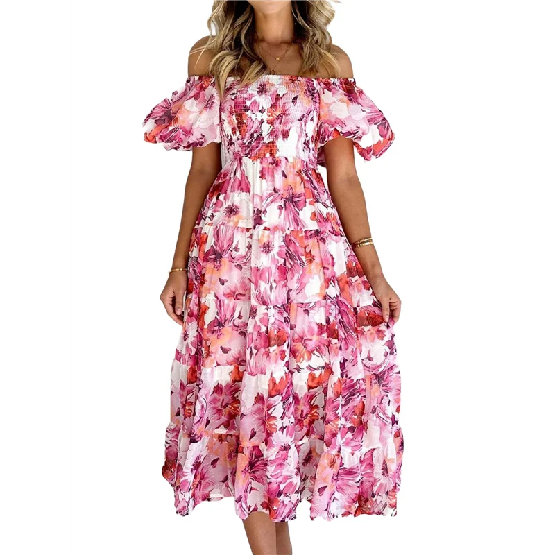 Abito longuette casual estivo da donna, manica corta gonfia, collo quadrato, smock, volant a strati Dresses-A55G