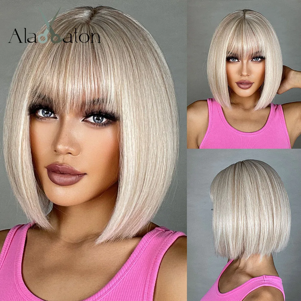 

ALAN EATON Short Blonde Wigs with Bangs Highlights Bob Synthetic Wigs for Women Anime Lolita Cosplay Wigs Heat Resistant Fiber